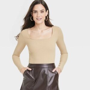 Women’s Slim Fit Long Sleeve Body Suit- A New Day Tan Large